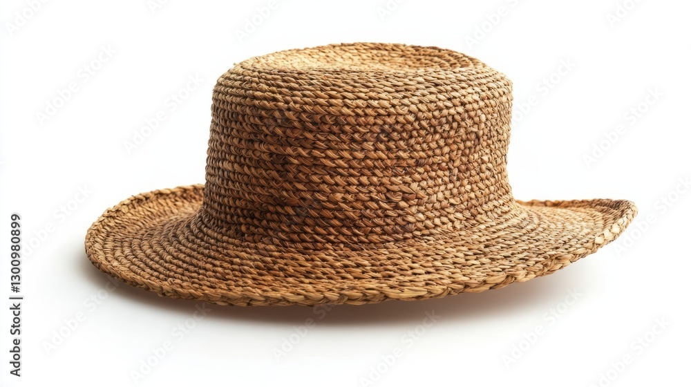 A beach-ready straw cap with a small brim, isolated white background A beach-ready straw cap with a small brim, isolated white background