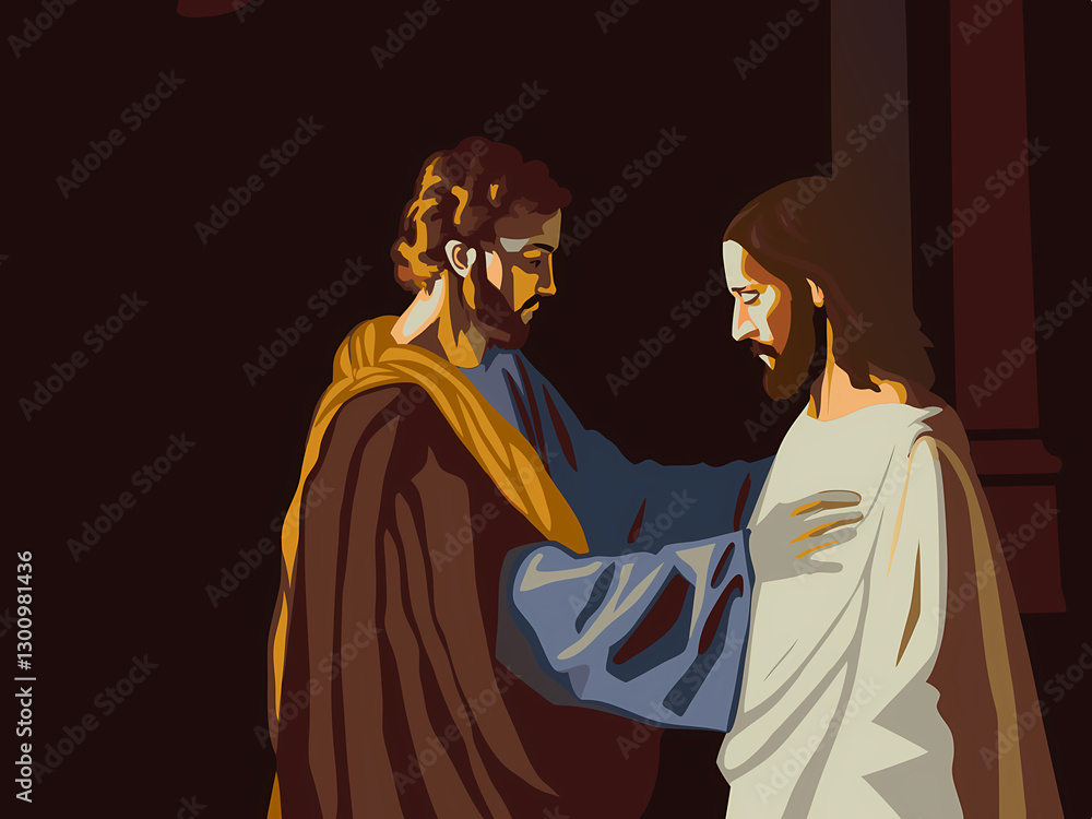 Naklejka premium Doubting Thomas touching Jesus' wounds, questioning and believing, in a moment of faith transformation