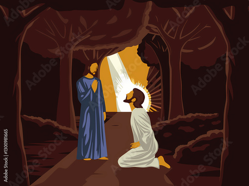Jesus appearing to Peter, forgiving and reaffirming faith, after the resurrection, vector-style image