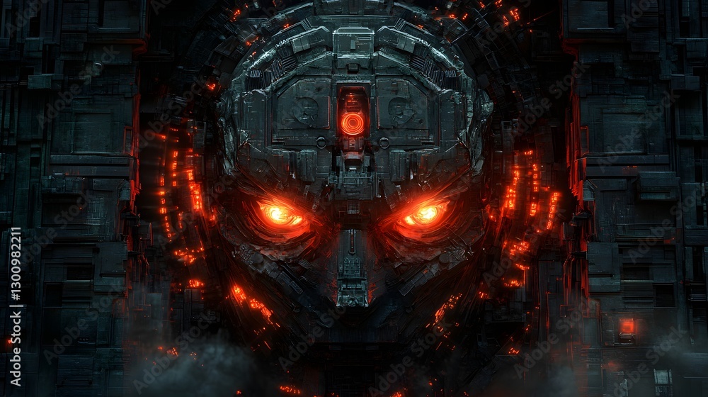 Intricate Mechanical Face with Glowing Eyes in Dark Environment Intricate Mechanical Face with Glowing Eyes in Dark Environment