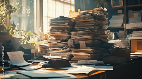 A large stack of papers and documents on an office desk, messy and disorganized in front of the camera lens.
