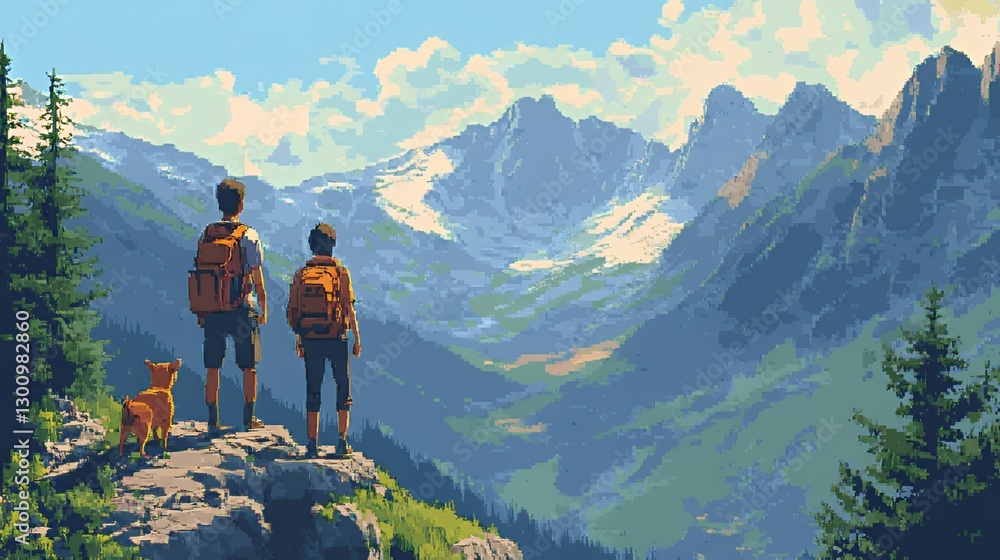 Fototapeta premium Two boys and a dog admire a breathtaking mountain landscape in vibrant pixel art.