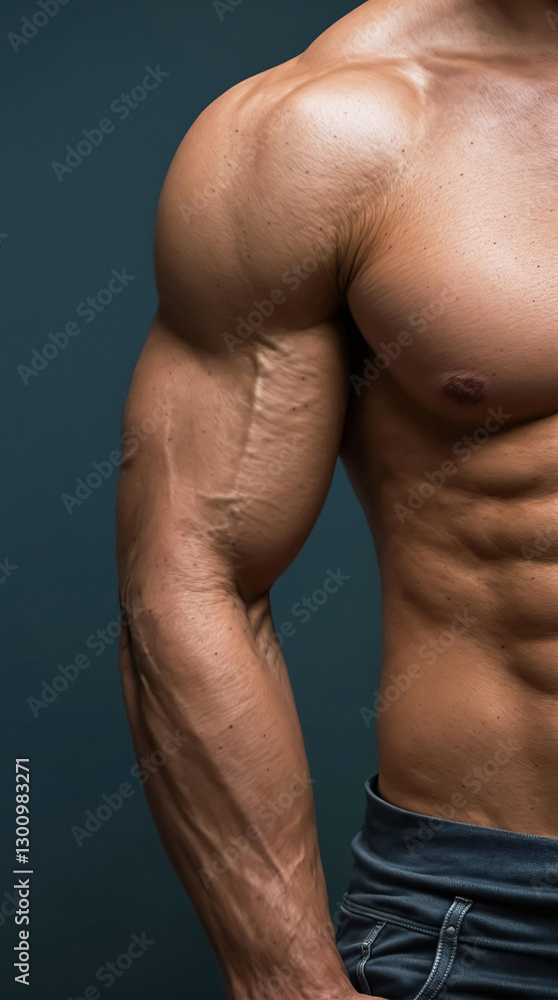 Close up shot of well defined male physique muscular arm shoulder and abdominal muscles Close up shot of well defined male physique muscular arm shoulder and abdominal muscles
