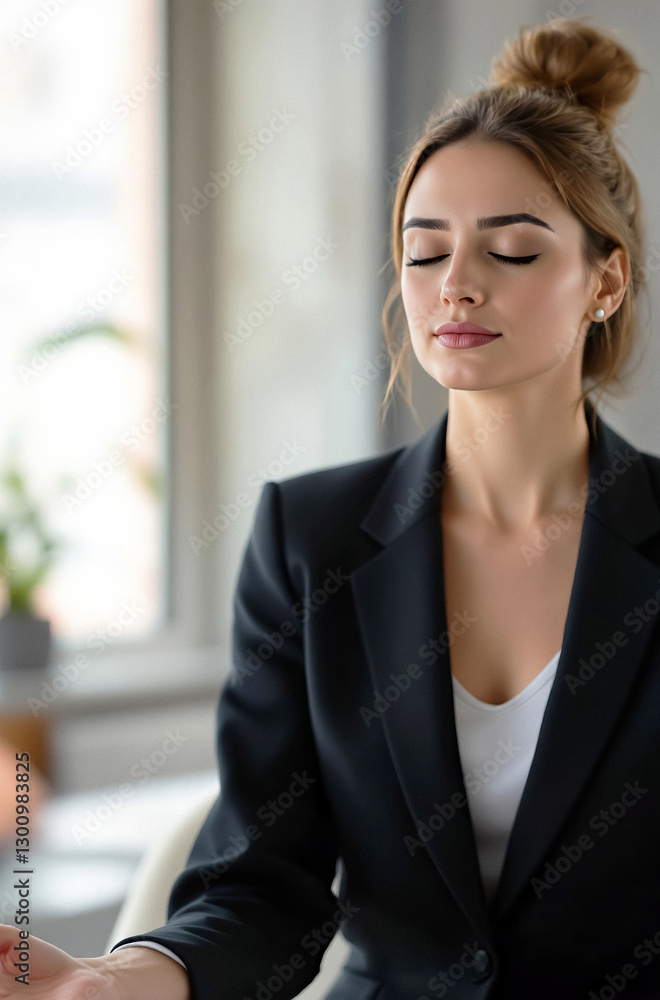 woman in dark blazer eyes closed in meditative state finds inner peace during work break woman in dark blazer eyes closed in meditative state finds inner peace during work break