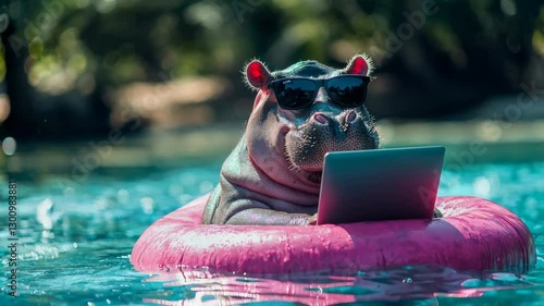 Hippopotamus relaxing on inflatable ring using laptop