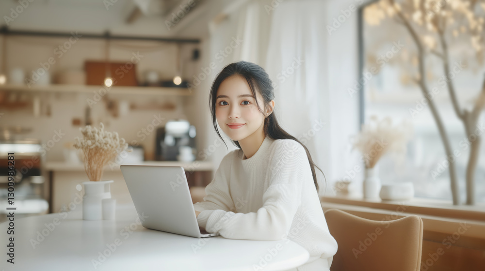 young woman is sitting at table with laptop in bright, cozy cafe. She is smiling and appears relaxed, surrounded by soft lighting and warm atmosphere young woman is sitting at table with laptop in bright, cozy cafe. She is smiling and appears relaxed, surrounded by soft lighting and warm atmosphere