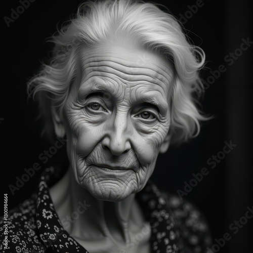 A monochrome portrait depicting an elderly woman with a gentle smile, radiating wisdom and warmth. Captures the essence of experience, life, and thoughtful contemplation in a classic style