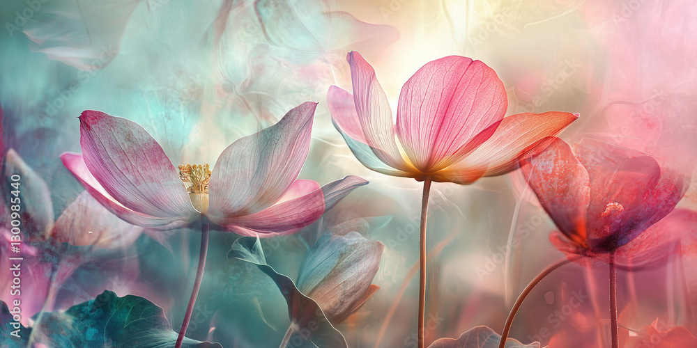 Fototapeta premium Vibrant pastel graceful blooming lotus flowers in pastel colors. Beautiful nature spring summer background for cosmetics, spa, perfume, beauty salon, florist shop.