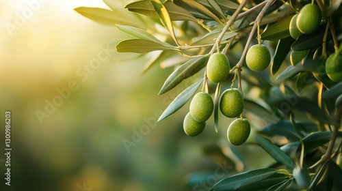 Plump, glossy olives dangle from a slender branch, their deep green and purple hues glowing under the soft sunlight. photo