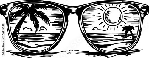 Sunglasses reflections of tropical paradise beach sunset illustration calm atmosphere artistic vision