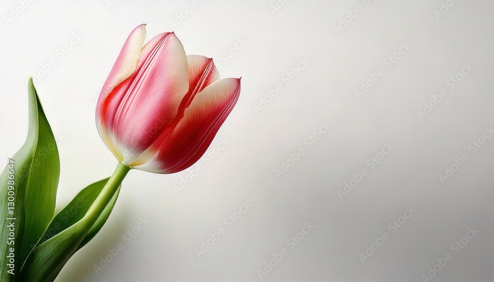 a close-up shot of a vibrant pink and white tulip, displaying its delicate petals, with its stem and leaves gracefully curved a close-up shot of a vibrant pink and white tulip, displaying its delicate petals, with its stem and leaves gracefully curved