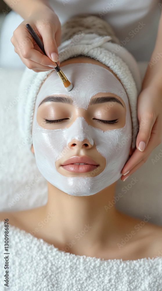 Fototapeta premium Woman getting white facial mask applied spa with eyes closed serene and pampering face treatment