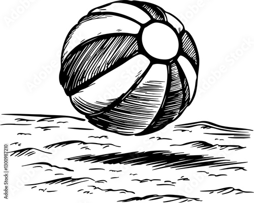 Bouncing beach ball sandy shore illustration outdoor fun side view summer vibes and playfulness