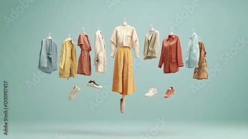 A creative ad for a new online clothing store, showcasing a mix of trendy outfits floating against a neutral background