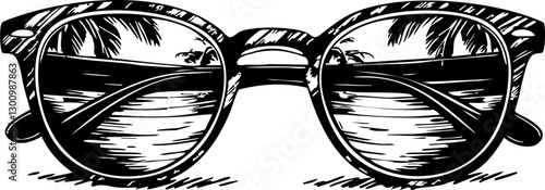 Beach adventure reflected in sunglasses tropical island illustration relaxing atmosphere close-up view summer vibes