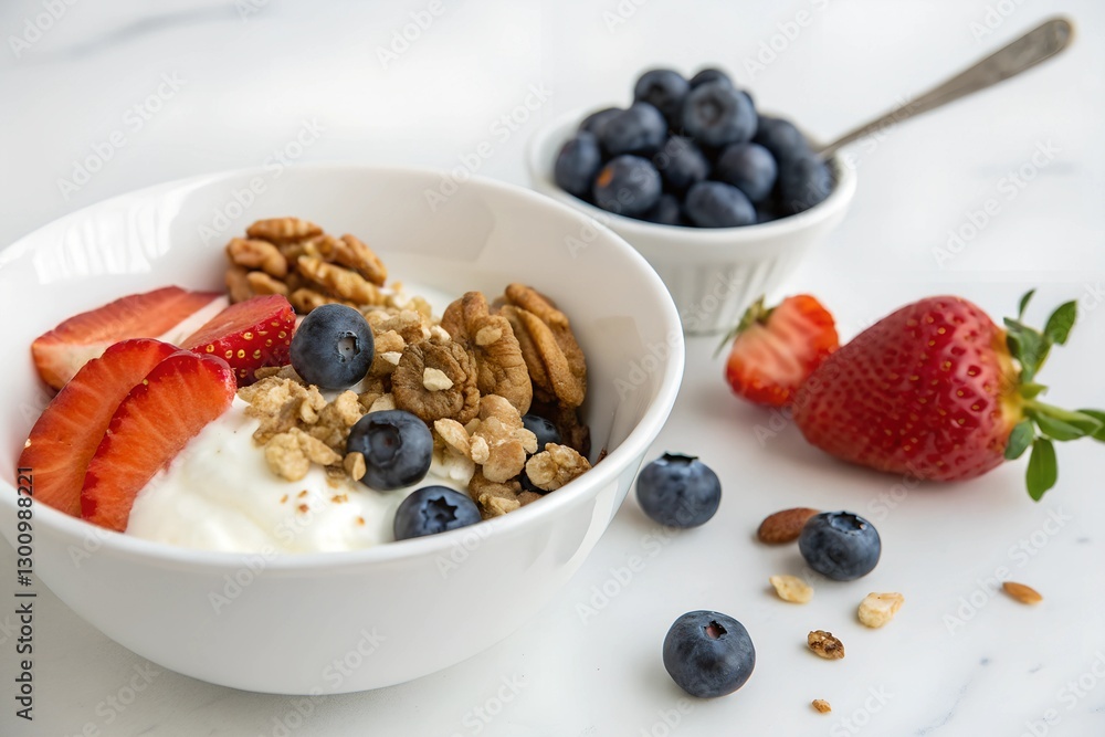 Healthy Yogurt Bowl with Berries and Granola. Breakfast yogurt bowl topped with strawberries, blueberries, granola, and nuts on white background, perfect for a healthy morning meal Healthy Yogurt Bowl with Berries and Granola. Breakfast yogurt bowl topped with strawberries, blueberries, granola, and nuts on white background, perfect for a healthy morning meal