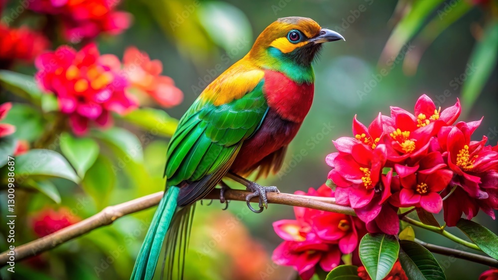Vibrant tropical bird perched on a branch amidst a profusion of crimson blossoms, showcasing its iridescent plumage and striking colors. Vibrant tropical bird perched on a branch amidst a profusion of crimson blossoms, showcasing its iridescent plumage and striking colors.