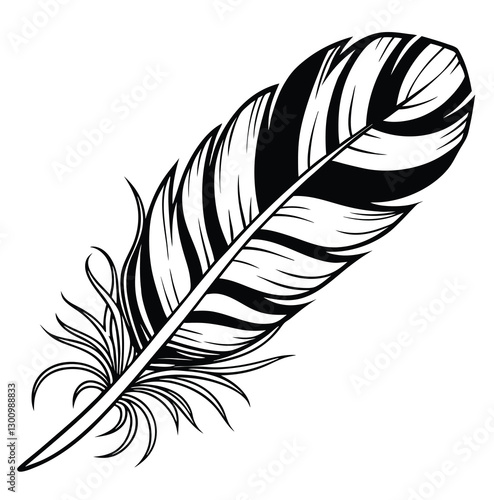 Elegant minimalist black fluffy contour feather style flat logo icon tattoo stock design vector silhouette illustration. Crisp outlines and a captivating contrast between light and shadow.
