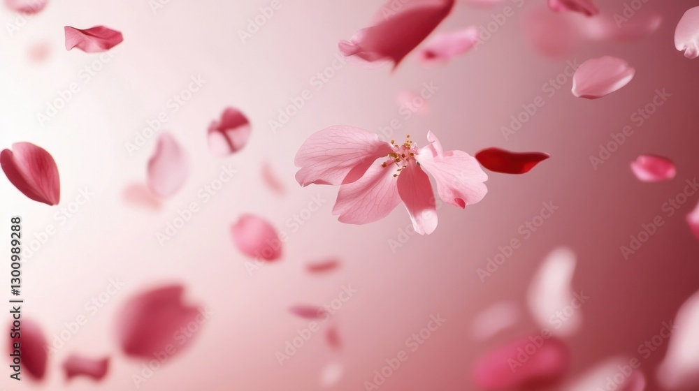 Floating pink and red flower petals against a soft background Floating pink and red flower petals against a soft background
