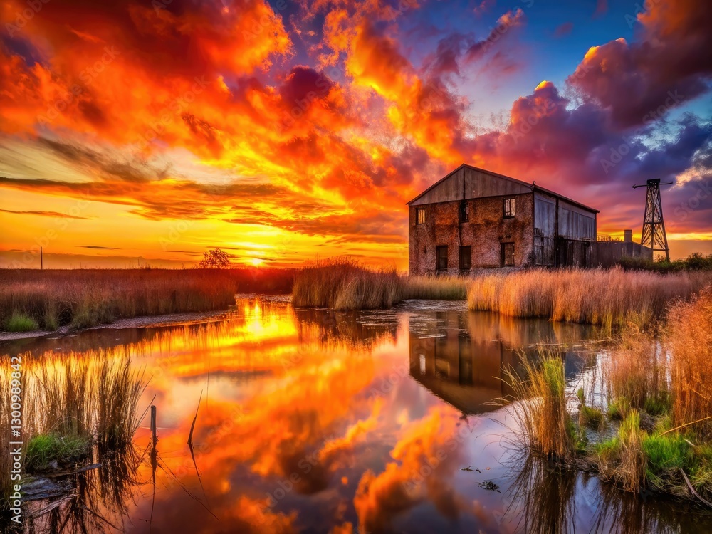 Golden hour bathes abandoned swamp ruins in sunset's glow, a cityscape backdrop.