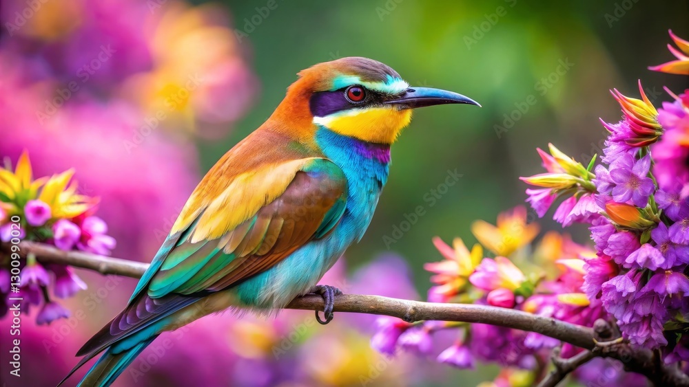 A Vibrant Rainbow-Colored Bird Perched on a Branch Amidst a Garden of Blossoming Flowers A Vibrant Rainbow-Colored Bird Perched on a Branch Amidst a Garden of Blossoming Flowers