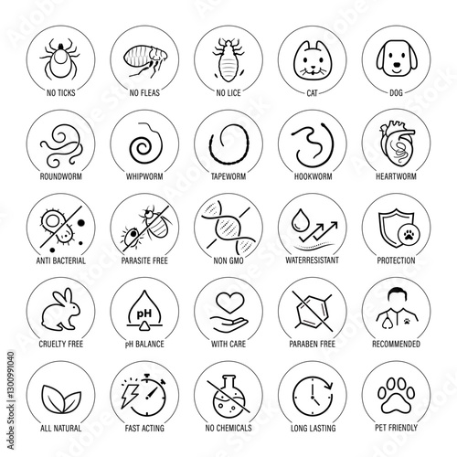 Set of vector icons focuses on pets parasites and worms. The icons are designed to be versatile, suitable for use in informational materials, veterinary goods, pet care, apps, and more. EPS10.