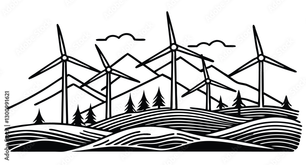 Wind turbines, modern windmills for alternative energy, stand in the sea and on the river, generating electric power across the landscape Wind turbines, modern windmills for alternative energy, stand in the sea and on the river, generating electric power across the landscape