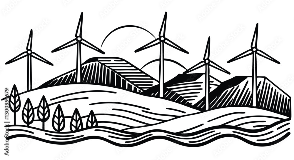 Wind turbines, a modern power illustration against the sky, resemble old windmills in a rural landscape sketch Wind turbines, a modern power illustration against the sky, resemble old windmills in a rural landscape sketch