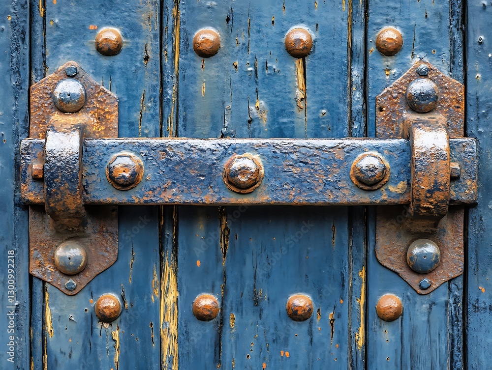 Fototapeta premium Rustic blue door lock with aged bolts and wood