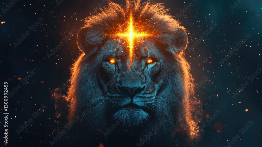 A lion with a glowing cross on its head, against a light background, A lion with a glowing cross on its head, against a light background,
