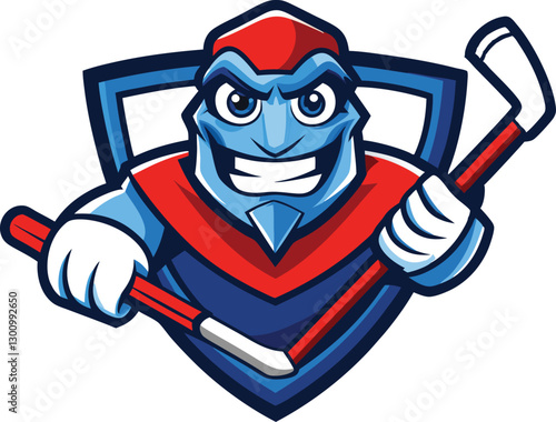 Smiling blue hockey mascot with hockey sticks, ready for action.