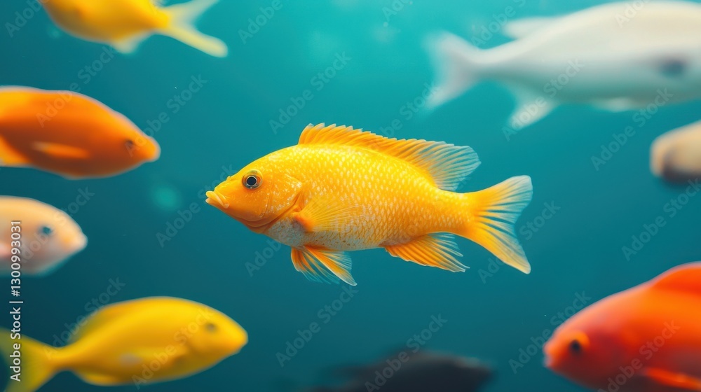 Fototapeta premium Vibrant Underwater Scenery with Diverse Shoal of Colorful Fish Swimming in Marine Ecosystem