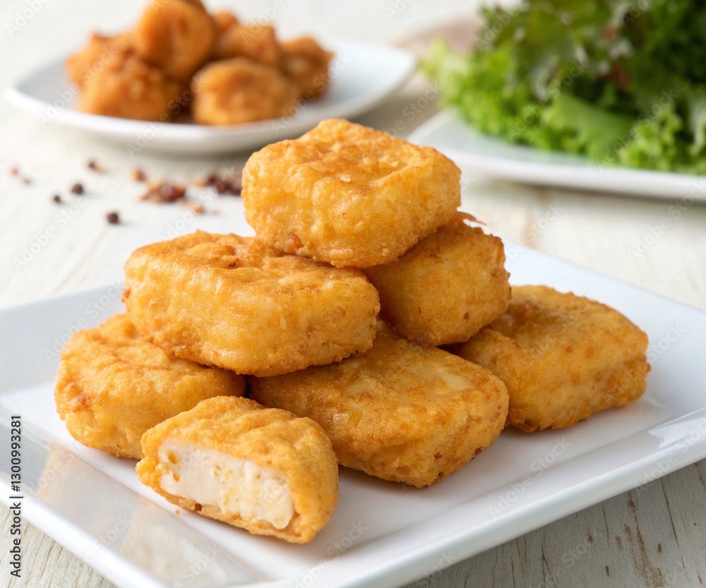 fried chicken nuggets on plate closeup, delicious cooking dinner golden eat fried chicken nuggets on plate closeup, delicious cooking dinner golden eat