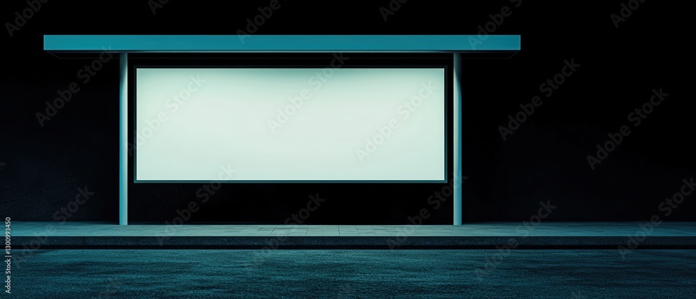 Minimalist bus stop design featuring a clear, illuminated shelter in dark surroundings.