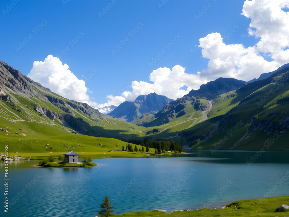 Fototapeta premium Serene Alpine Lakescape with Picturesque Mountain Hut