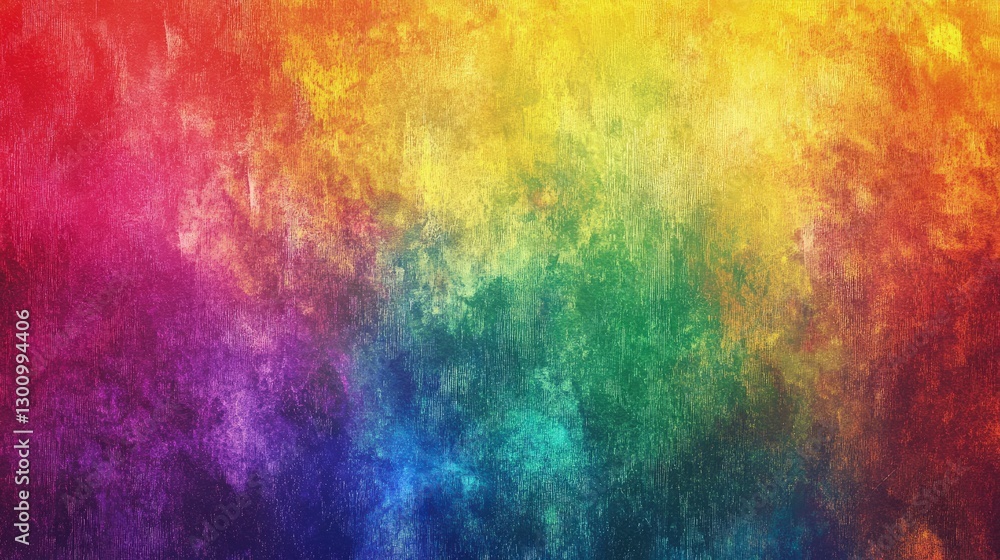 A rainbow gradient background with textured grain, giving it an artistic and colorful appearance. The colors include bright yellows, reds, greens, blues, and purple