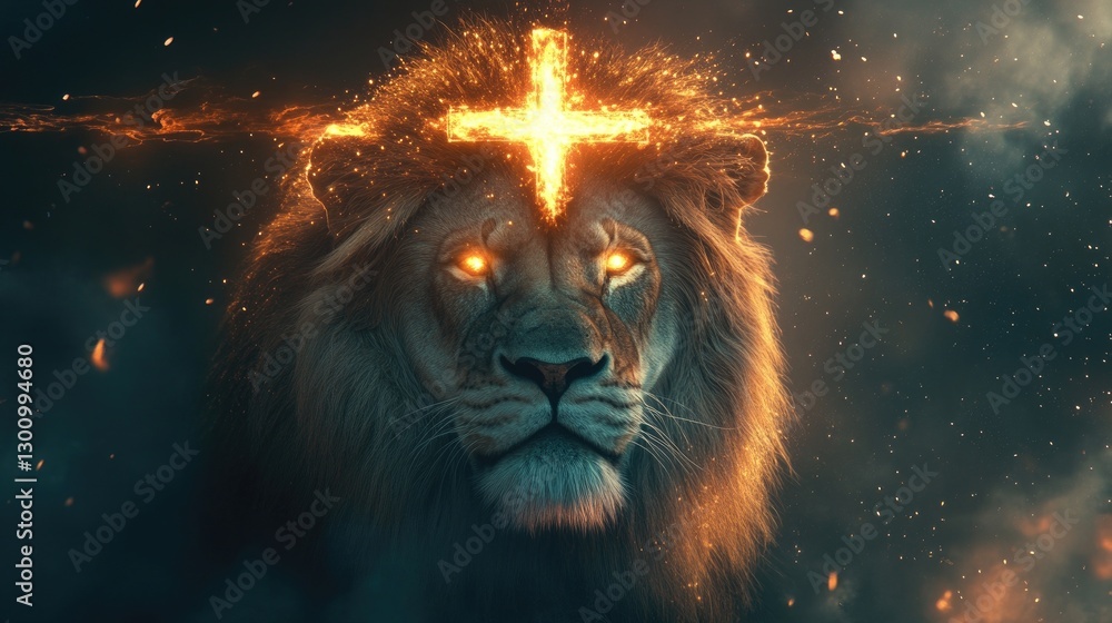 Naklejka premium A lion with a glowing cross on its head, against a light background,