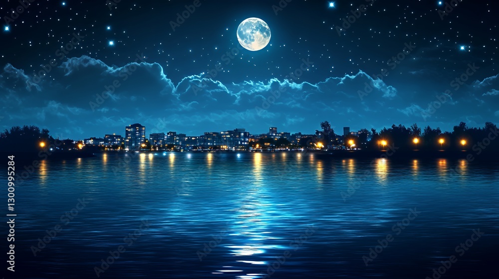 Fototapeta premium Enchanting night view of a city skyline reflecting on calm waters under a full moon.