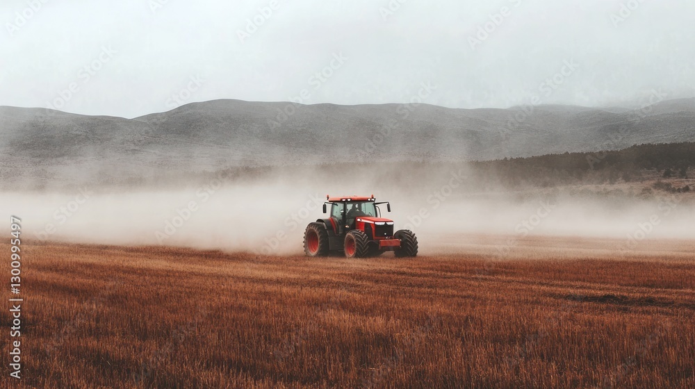 Fototapeta premium Tractor working field, dust, mountains, overcast