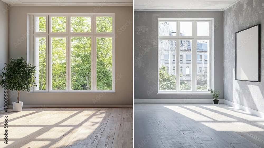 Fototapeta premium Empty room interior design comparison, sunlight through windows