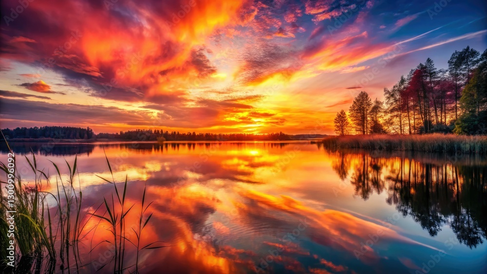 Fototapeta premium Golden hour magic: Double exposure captures sunset's fiery reflection on tranquil lake waters.