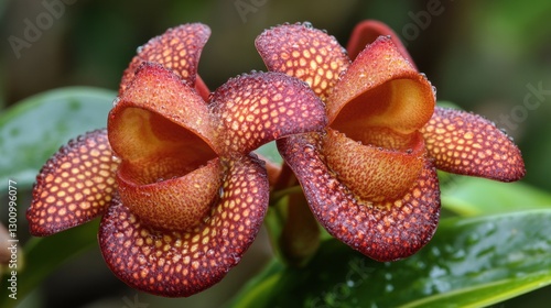 Unique Bulbophyllum Orchid Flowers Blooming with Spotted Texture and Gentle Drops photo