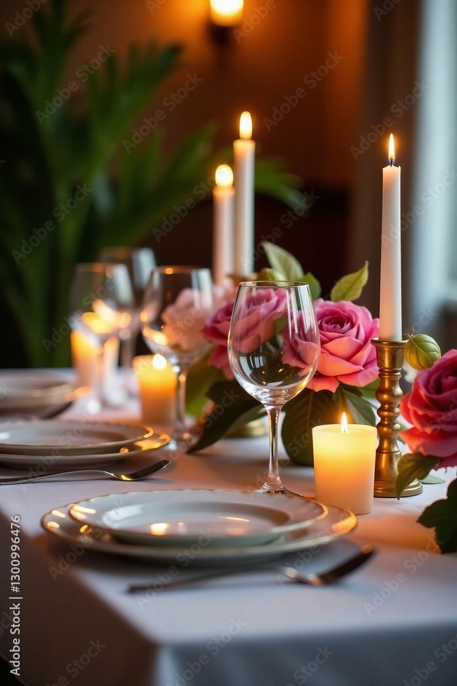 Elegant table setting with candles and flowers for birthday dinner, candles, decor Elegant table setting with candles and flowers for birthday dinner, candles, decor