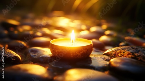 Golden Candle on Stones, Peaceful Evening Light photo