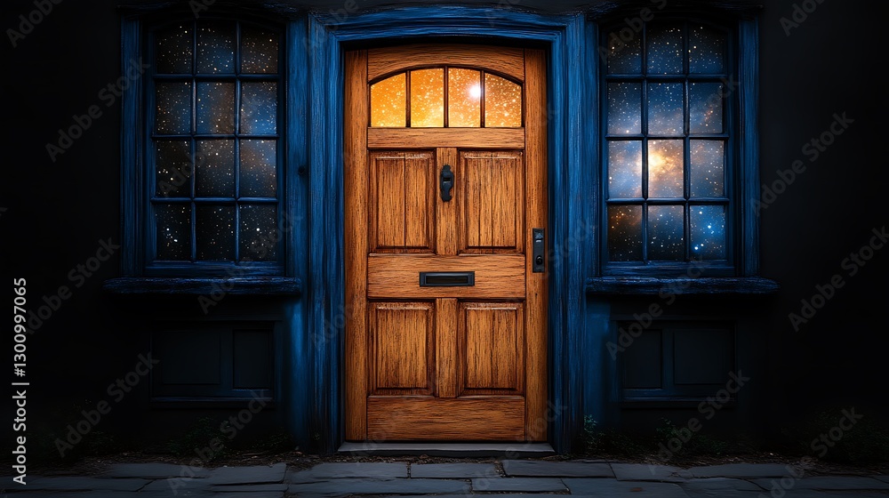 Illuminated Wooden Door Flanked by Starry Windows Illuminated Wooden Door Flanked by Starry Windows