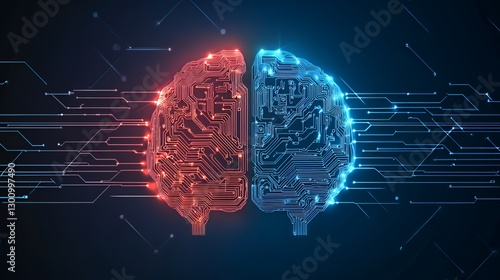 A digital representation of a brain divided into red and blue circuits.