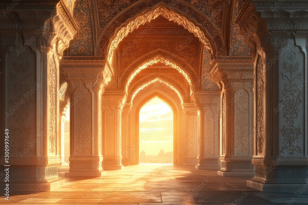 Obraz premium Golden Hour in Ancient Palace: Ornate Arches and Columns bathed in Sunlight