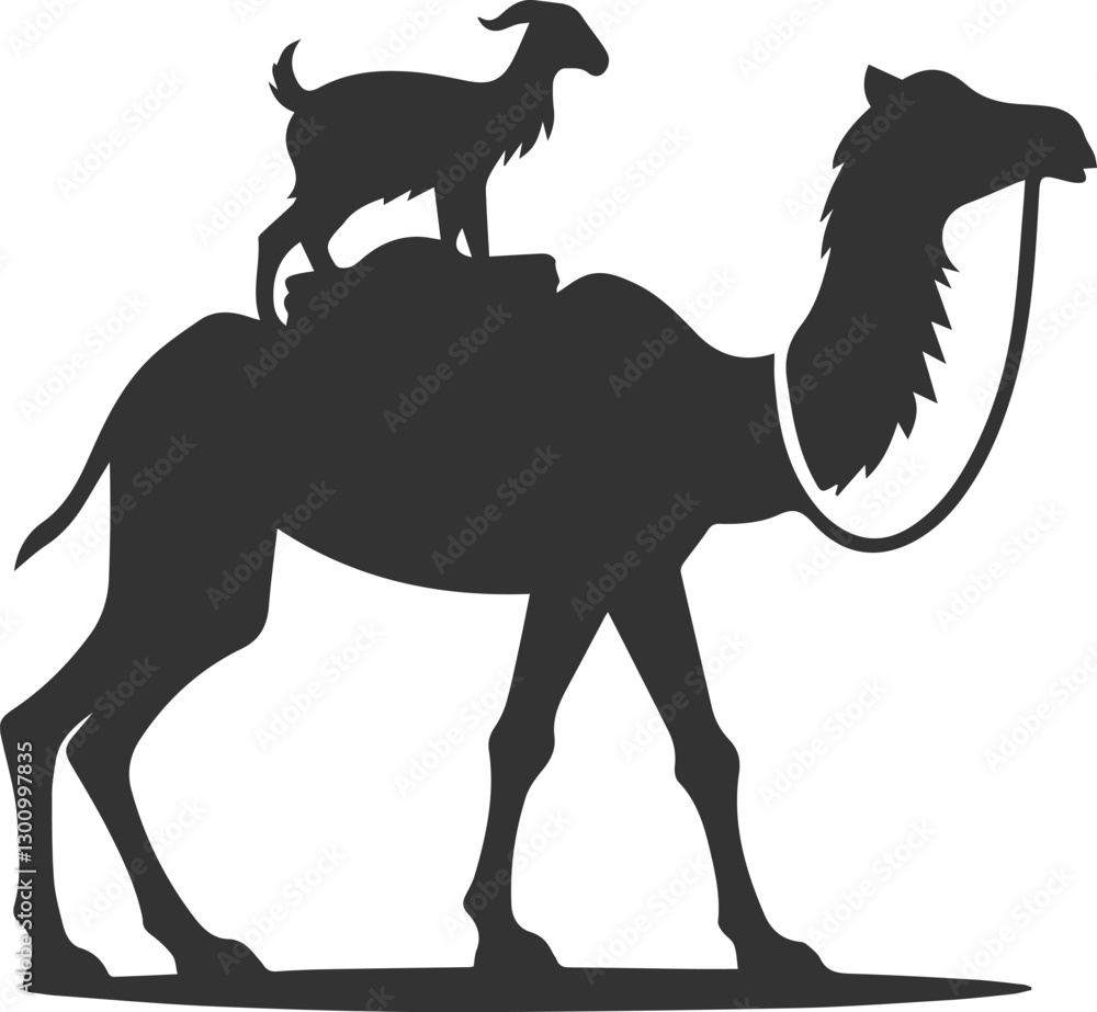 Fototapeta premium Camel carrying a small goat in a basket, looking forward animal vector silhouette