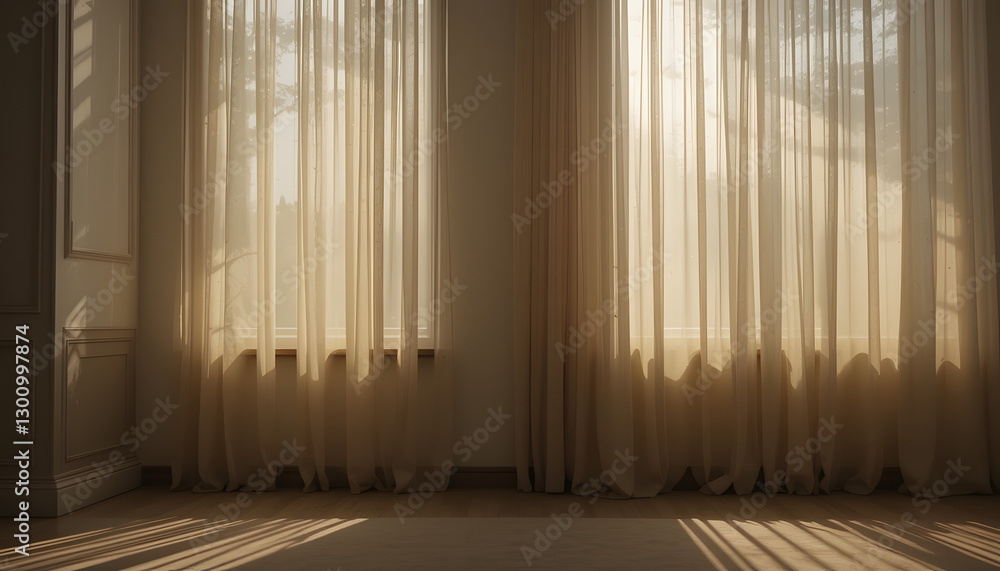 Obraz premium Sunlight Streaming Through Beige Curtains In Empty Room