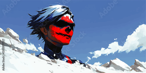 Striking Vector Art of Red Masked Character in Snowy Mountain Landscape with Blue Sky and White Clouds - Vibrant Digital Illustration for Artistic Inspiration